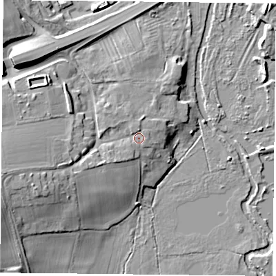 Shaded relief map of the ground around LE74PJ, computed from Environment Agency LiDAR. The ground here sits at about 52 m above sea level and falls 15 m across the surrounding 800 m. Surface water reaching this point runs off ground lying to the south-west, 1.6 m higher.