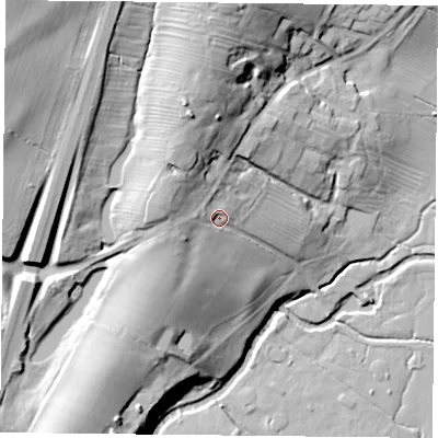 Shaded relief map of the ground around LE74SB, computed from Environment Agency LiDAR. The ground here sits at about 68 m above sea level and falls 38 m across the surrounding 800 m. Surface water reaching this point runs off ground lying to the west, 6.1 m higher.