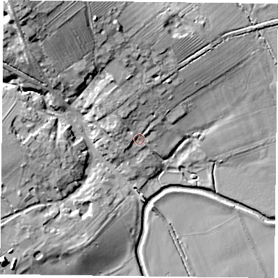 Shaded relief map of the ground around LE74TD, computed from Environment Agency LiDAR. The ground here sits at about 58 m above sea level and falls 22 m across the surrounding 800 m. Surface water reaching this point runs off ground lying to the north-north-west, 5.1 m higher.