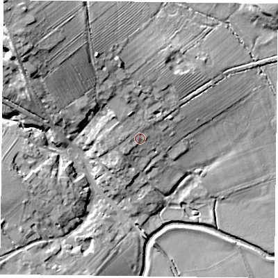 Shaded relief map of the ground around LE74TH, computed from Environment Agency LiDAR. The ground here sits at about 61 m above sea level and falls 24 m across the surrounding 800 m. Surface water reaching this point runs off ground lying to the north-north-west, 2.6 m higher.