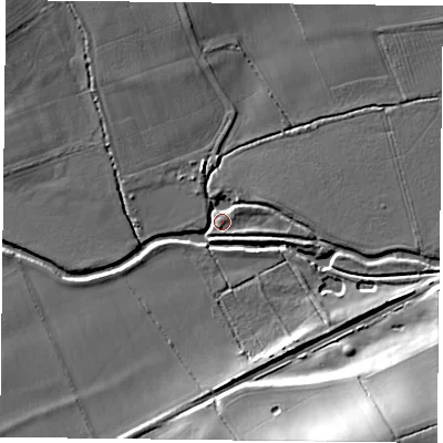 Shaded relief map of the ground around LE74TJ, computed from Environment Agency LiDAR. The ground here sits at about 56 m above sea level and falls 24 m across the surrounding 800 m. Surface water reaching this point runs off ground lying to the north, 5.1 m higher.