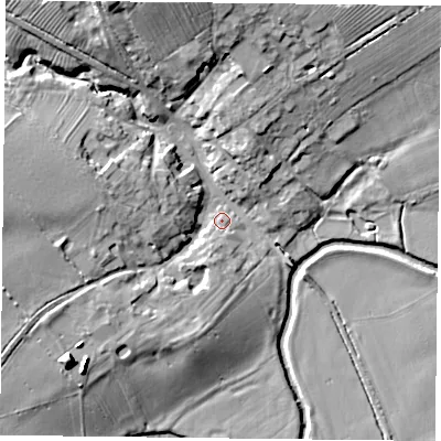 Shaded relief map of the ground around LE74UD, computed from Environment Agency LiDAR. The ground here sits at about 56 m above sea level and falls 17 m across the surrounding 800 m. Surface water reaching this point runs off ground lying to the west-north-west, 9.4 m higher.