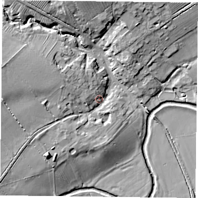 Shaded relief map of the ground around LE74UF, computed from Environment Agency LiDAR. The ground here sits at about 59 m above sea level and falls 15 m across the surrounding 800 m. Surface water reaching this point runs off ground lying to the west-north-west, 9.9 m higher.