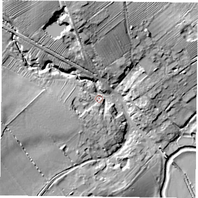 Shaded relief map of the ground around LE74UH, computed from Environment Agency LiDAR. The ground here sits at about 59 m above sea level and falls 23 m across the surrounding 800 m. Surface water reaching this point runs off ground lying to the north-north-west, 20.1 m higher.