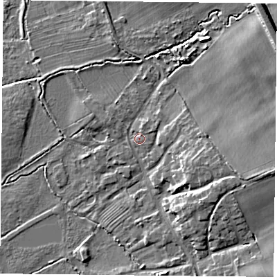 Shaded relief map of the ground around LE74UU, computed from Environment Agency LiDAR. The ground here sits at about 47 m above sea level and falls 11 m across the surrounding 800 m. Surface water reaching this point runs off ground lying to the east-north-east, 2.8 m higher.