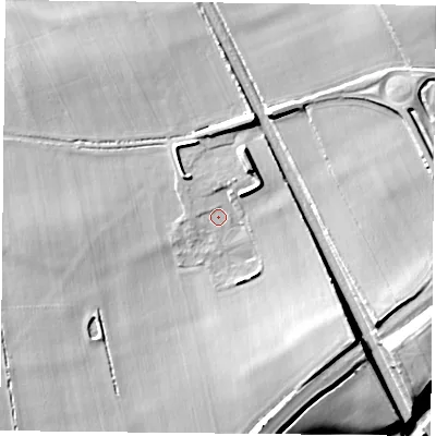 Shaded relief map of the ground around LE74UZ, computed from Environment Agency LiDAR. The ground here sits at about 54 m above sea level and falls 19 m across the surrounding 800 m. Surface water reaching this point runs off ground lying to the north-north-east, 6.6 m higher.
