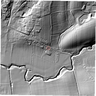 Shaded relief map of the ground around LE74WF, computed from Environment Agency LiDAR. The ground here sits at about 78 m above sea level and falls 24 m across the surrounding 800 m. Surface water reaching this point runs off ground lying to the north, 14.5 m higher.