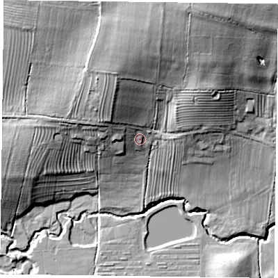 Shaded relief map of the ground around LE74XF, computed from Environment Agency LiDAR. The ground here sits at about 80 m above sea level and falls 33 m across the surrounding 800 m. Surface water reaching this point runs off ground lying to the north-north-west, 10.8 m higher.