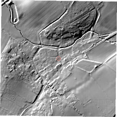 Shaded relief map of the ground around LE74YA, computed from Environment Agency LiDAR. The ground here sits at about 56 m above sea level and falls 15 m across the surrounding 800 m. Surface water reaching this point runs off ground lying to the south-east, 12.8 m higher.