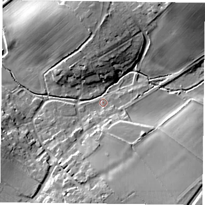 Shaded relief map of the ground around LE74YB, computed from Environment Agency LiDAR. The ground here sits at about 56 m above sea level and falls 18 m across the surrounding 800 m. Surface water reaching this point runs off ground lying to the north-east, 16.9 m higher.