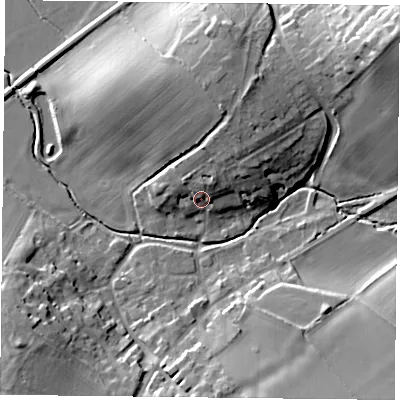 Shaded relief map of the ground around LE74YE, computed from Environment Agency LiDAR. The ground here sits at about 59 m above sea level and falls 20 m across the surrounding 800 m. Surface water reaching this point runs off ground lying to the north-north-east, 7.1 m higher.