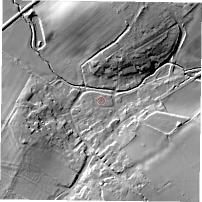 Shaded relief map of the ground around LE74YG, computed from Environment Agency LiDAR. The ground here sits at about 56 m above sea level and falls 16 m across the surrounding 800 m. Surface water reaching this point runs off ground lying to the south-west, 1.1 m higher.