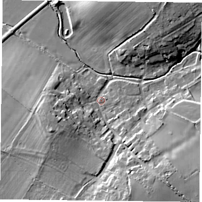 Shaded relief map of the ground around LE74YN, computed from Environment Agency LiDAR. The ground here sits at about 56 m above sea level and falls 15 m across the surrounding 800 m. Surface water reaching this point runs off ground lying to the south-south-east, 13.2 m higher.