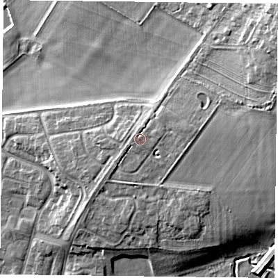 Shaded relief map of the ground around LE74YQ, computed from Environment Agency LiDAR. The ground here sits at about 62 m above sea level and falls 14 m across the surrounding 800 m. The ground contributing surface water to this point lies to the south-south-west.
