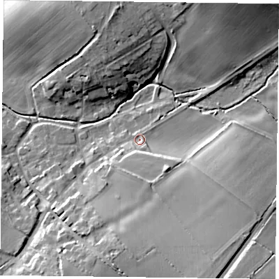 Shaded relief map of the ground around LE74YS, computed from Environment Agency LiDAR. The ground here sits at about 57 m above sea level and falls 16 m across the surrounding 800 m. Surface water reaching this point runs off ground lying to the south-south-east, 11.3 m higher.