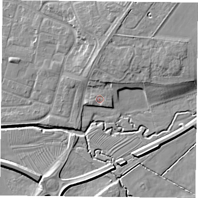 Shaded relief map of the ground around LE74YW, computed from Environment Agency LiDAR. The ground here sits at about 58 m above sea level and falls 11 m across the surrounding 800 m. Surface water reaching this point runs off ground lying to the north-west, 0.7 m higher.