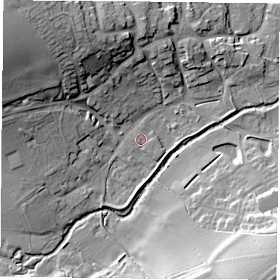 Shaded relief map of the ground around LE77AE, computed from Environment Agency LiDAR. The ground here sits at about 49 m above sea level and falls 27 m across the surrounding 800 m. Surface water reaching this point runs off ground lying to the north-west, 27.1 m higher.