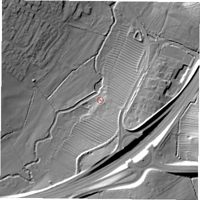 Shaded relief map of the ground around LE77AR, computed from Environment Agency LiDAR. The ground here sits at about 64 m above sea level and falls 24 m across the surrounding 800 m. Surface water reaching this point runs off ground lying to the south-east, 7.7 m higher.