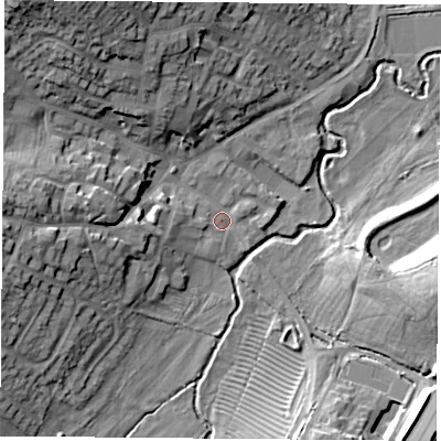 Shaded relief map of the ground around LE77AT, computed from Environment Agency LiDAR. The ground here sits at about 62 m above sea level and falls 21 m across the surrounding 800 m. Surface water reaching this point runs off ground lying to the north-west, 18.4 m higher.