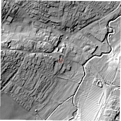 Shaded relief map of the ground around LE77AW, computed from Environment Agency LiDAR. The ground here sits at about 65 m above sea level and falls 20 m across the surrounding 800 m. Surface water reaching this point runs off ground lying to the west-north-west, 4.8 m higher.