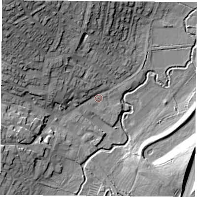 Shaded relief map of the ground around LE77BP, computed from Environment Agency LiDAR. The ground here sits at about 63 m above sea level and falls 28 m across the surrounding 800 m. Surface water reaching this point runs off ground lying to the north-west, 11.3 m higher.