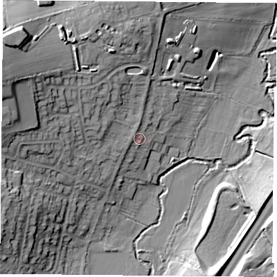 Shaded relief map of the ground around LE77BR, computed from Environment Agency LiDAR. The ground here sits at about 64 m above sea level and falls 25 m across the surrounding 800 m. Surface water reaching this point runs off ground lying to the west-north-west, 2.0 m higher.