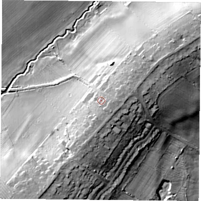 Shaded relief map of the ground around LE77GA, computed from Environment Agency LiDAR. The ground here sits at about 77 m above sea level and falls 25 m across the surrounding 800 m. Surface water reaching this point runs off ground lying to the south-south-west, 0.9 m higher.
