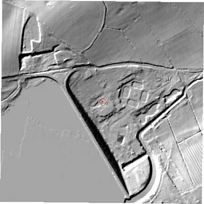 Shaded relief map of the ground around LE77GB, computed from Environment Agency LiDAR. The ground here sits at about 72 m above sea level and falls 21 m across the surrounding 800 m. Surface water reaching this point runs off ground lying to the west-north-west, 11.1 m higher.