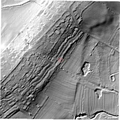 Shaded relief map of the ground around LE77GN, computed from Environment Agency LiDAR. The ground here sits at about 68 m above sea level and falls 28 m across the surrounding 800 m. Surface water reaching this point runs off ground lying to the west-north-west, 12.7 m higher.
