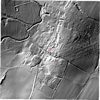Shaded relief map of the ground around LE77JA, computed from Environment Agency LiDAR. The ground here sits at about 66 m above sea level and falls 28 m across the surrounding 800 m. Surface water reaching this point runs off ground lying to the east-south-east, 10.6 m higher.