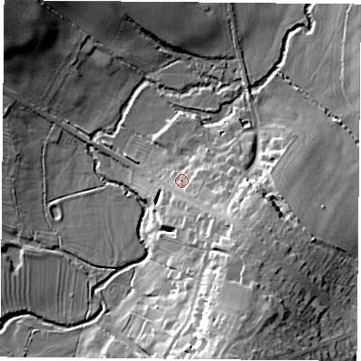 Shaded relief map of the ground around LE77JN, computed from Environment Agency LiDAR. The ground here sits at about 58 m above sea level and falls 23 m across the surrounding 800 m. Surface water reaching this point runs off ground lying to the south-east, 4.2 m higher.