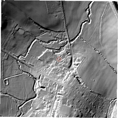 Shaded relief map of the ground around LE77JT, computed from Environment Agency LiDAR. The ground here sits at about 56 m above sea level and falls 21 m across the surrounding 800 m. Surface water reaching this point runs off ground lying to the south-south-east, 12.3 m higher.
