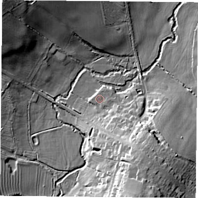 Shaded relief map of the ground around LE77JU, computed from Environment Agency LiDAR. The ground here sits at about 55 m above sea level and falls 24 m across the surrounding 800 m. Surface water reaching this point runs off ground lying to the south-south-east, 14.9 m higher.