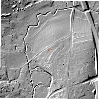 Shaded relief map of the ground around LE77NE, computed from Environment Agency LiDAR. The ground here sits at about 51 m above sea level and falls 15 m across the surrounding 800 m. Surface water reaching this point runs off ground lying to the south-east, 2.0 m higher.
