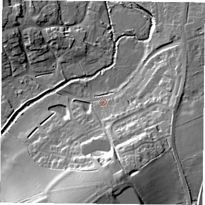 Shaded relief map of the ground around LE77NF, computed from Environment Agency LiDAR. The ground here sits at about 50 m above sea level and falls 26 m across the surrounding 800 m. Surface water reaching this point runs off ground lying to the south-south-east, 6.5 m higher.