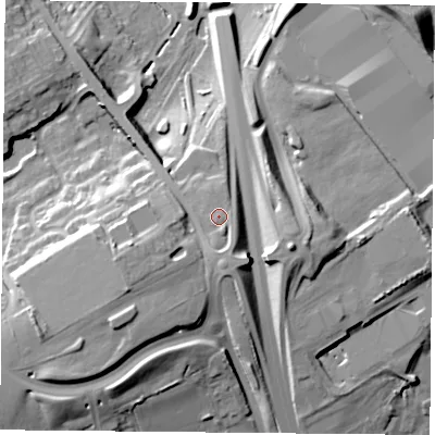 Shaded relief map of the ground around LE77NL, computed from Environment Agency LiDAR. The ground here sits at about 64 m above sea level and falls 25 m across the surrounding 800 m. Surface water reaching this point runs off ground lying to the south, 2.2 m higher.