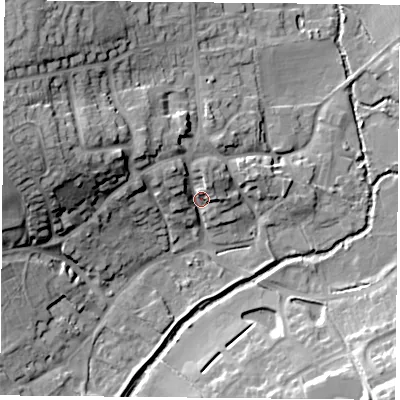 Shaded relief map of the ground around LE77NN, computed from Environment Agency LiDAR. The ground here sits at about 51 m above sea level and falls 26 m across the surrounding 800 m. Surface water reaching this point runs off ground lying to the north-west, 8.1 m higher.
