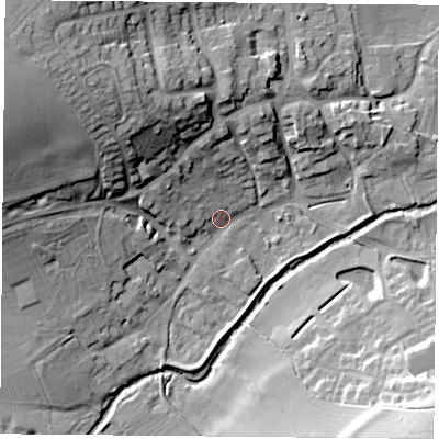 Shaded relief map of the ground around LE77NU, computed from Environment Agency LiDAR. The ground here sits at about 49 m above sea level and falls 28 m across the surrounding 800 m. Surface water reaching this point runs off ground lying to the north-west, 27.3 m higher.
