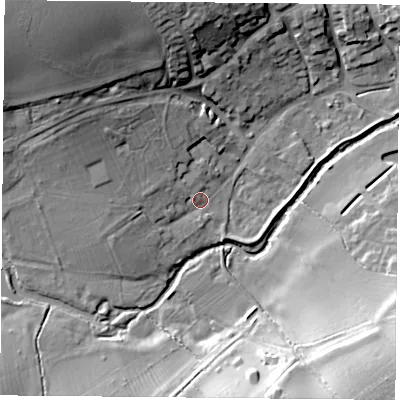 Shaded relief map of the ground around LE77NW, computed from Environment Agency LiDAR. The ground here sits at about 50 m above sea level and falls 28 m across the surrounding 800 m. Surface water reaching this point runs off ground lying to the north-west, 24.7 m higher.