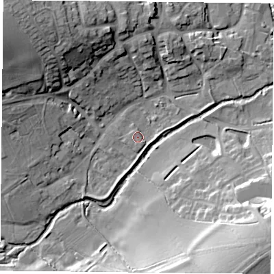 Shaded relief map of the ground around LE77NY, computed from Environment Agency LiDAR. The ground here sits at about 49 m above sea level and falls 28 m across the surrounding 800 m. Surface water reaching this point runs off ground lying to the north-west, 26.0 m higher.