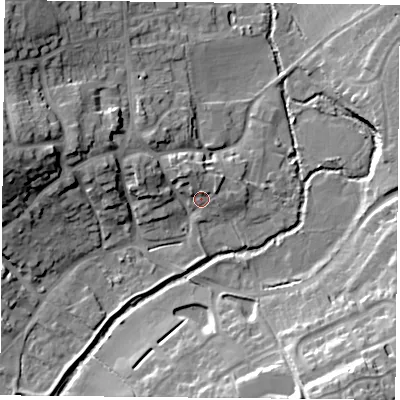 Shaded relief map of the ground around LE77PD, computed from Environment Agency LiDAR. The ground here sits at about 50 m above sea level and falls 21 m across the surrounding 800 m. Surface water reaching this point runs off ground lying to the north-north-west, 4.7 m higher.