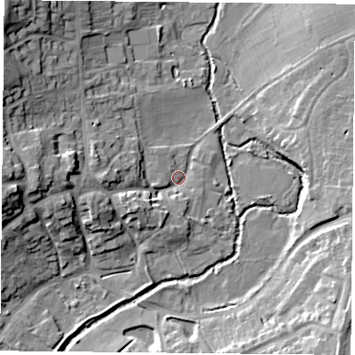 Shaded relief map of the ground around LE77PJ, computed from Environment Agency LiDAR. The ground here sits at about 48 m above sea level and falls 18 m across the surrounding 800 m. Surface water reaching this point runs off ground lying to the west, 13.1 m higher.