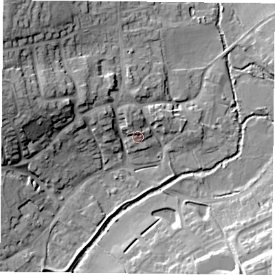 Shaded relief map of the ground around LE77PQ, computed from Environment Agency LiDAR. The ground here sits at about 52 m above sea level and falls 25 m across the surrounding 800 m. Surface water reaching this point runs off ground lying to the north, 2.9 m higher.