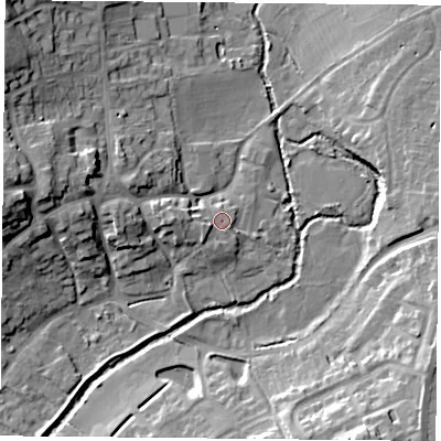 Shaded relief map of the ground around LE77RA, computed from Environment Agency LiDAR. The ground here sits at about 50 m above sea level and falls 18 m across the surrounding 800 m. Surface water reaching this point runs off ground lying to the south-west, 2.4 m higher.