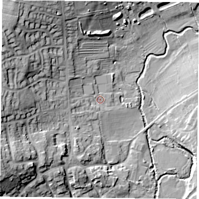 Shaded relief map of the ground around LE77TS, computed from Environment Agency LiDAR. The ground here sits at about 49 m above sea level and falls 24 m across the surrounding 800 m. Surface water reaching this point runs off ground lying to the west, 19.2 m higher.
