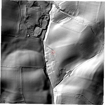 Shaded relief map of the ground around LE79DE, computed from Environment Agency LiDAR. The ground here sits at about 176 m above sea level and falls 45 m across the surrounding 800 m. Surface water reaching this point runs off ground lying to the east-north-east, 18.3 m higher.
