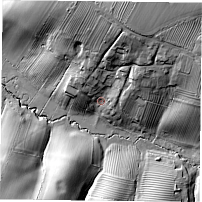 Shaded relief map of the ground around LE79JS, computed from Environment Agency LiDAR. The ground here sits at about 101 m above sea level and falls 35 m across the surrounding 800 m. Surface water reaching this point runs off ground lying to the north-north-east, 25.1 m higher.