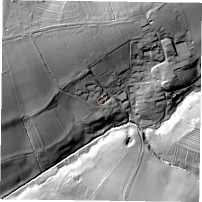 Shaded relief map of the ground around LE79JY, computed from Environment Agency LiDAR. The ground here sits at about 120 m above sea level and falls 39 m across the surrounding 800 m. Surface water reaching this point runs off ground lying to the north-north-west, 6.9 m higher.