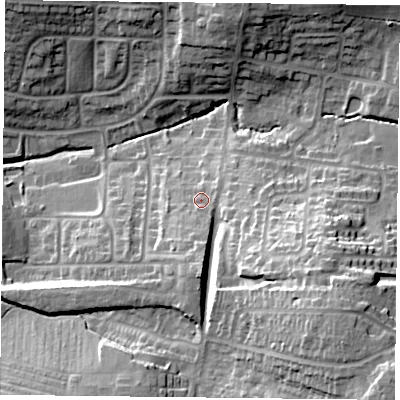 Shaded relief map of the ground around LE79PU, computed from Environment Agency LiDAR. The ground here sits at about 90 m above sea level and falls 33 m across the surrounding 800 m. Surface water reaching this point runs off ground lying to the south, 5.7 m higher.