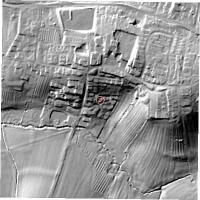 Shaded relief map of the ground around LE79QD, computed from Environment Agency LiDAR. The ground here sits at about 97 m above sea level and falls 38 m across the surrounding 800 m. Surface water reaching this point runs off ground lying to the north-east, 24.9 m higher.